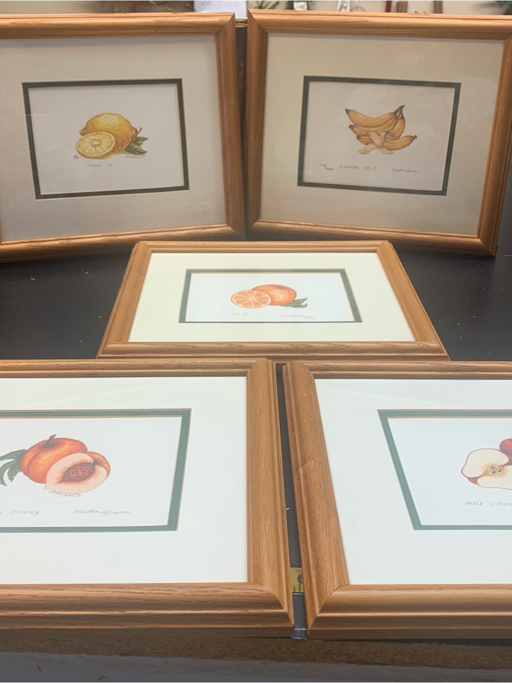 Set of Five Framed Fruit Prints - Orange, Yellow, Green Accents